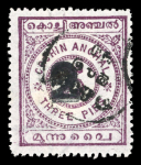 Stamp of Indian States » Cochin 1909 2 on 3 pies rosy mauve with double surcharge!