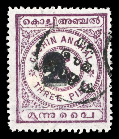Stamp of Indian States » Cochin 1909 2 on 3 pies rosy mauve with double surcharge!