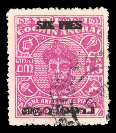 Stamp of Indian States » Cochin 1949 6p on 1a3p magenta surcharged as T33 and surcharge