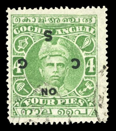 Stamp of Indian States » Cochin 1913 4p green watermark sideways, overprint inverted