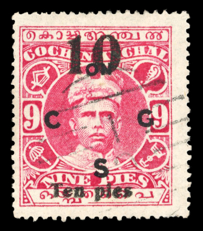 Stamp of Indian States » Cochin 1929 10p on 9p carmine surcharge double variety. Fine