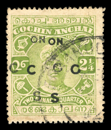 Stamp of Indian States » Cochin 1922 1 1/4a yellow green, ovpt double variety light