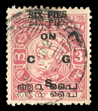 Stamp of Indian States » Cochin 1949 6p on 3p Carmine ovpt double, scarce and fine