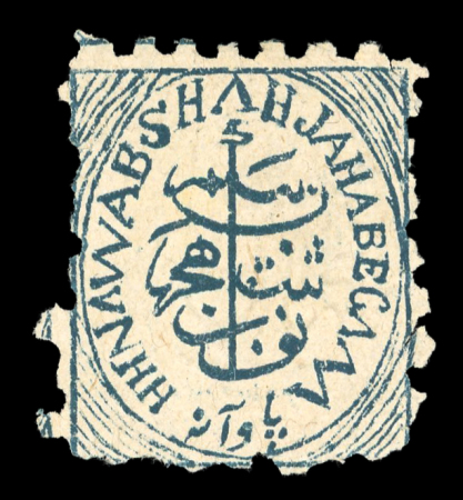 Stamp of Indian States » Bhopal 1884 1/4a Blue green "JAHA" (R, 6/2-4) small thin spot,