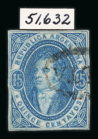 Stamp of Argentina » General issues 1864 Rivadavia 15c blue imperf used