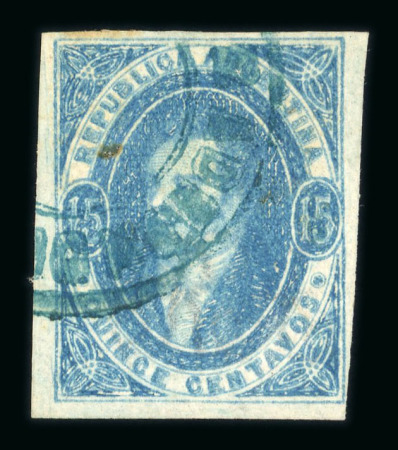 Stamp of Argentina » General issues 1864 Rivadavia 15c blue watermark imperf worn impression used