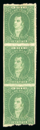 Stamp of Argentina » General issues 1865 Rivadavia 10c green in vertical strip of three unused