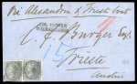 Stamp of Malaysia » Straits Settlements 1862 (Sep) envelope to Austria, with two India 1856-66 4a black tied by indistinct "B" octagonals,  with "FORWARDED BY / JOHN PURVIS & SON / SINGAPORE" cachet