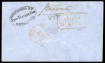 Stamp of Malaysia » Straits Settlements 1862 (Sep) envelope to Austria, with two India 1856-66 4a black tied by indistinct "B" octagonals,  with "FORWARDED BY / JOHN PURVIS & SON / SINGAPORE" cachet