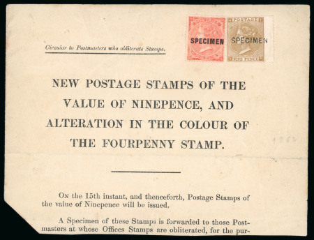 Stamp of Great Britain » 1855-1900 Surface Printed » 1862-64 Small Uncoloured Corner Letters 1862-4 4d pale red and 9d bistre each optd. SPECIMEN