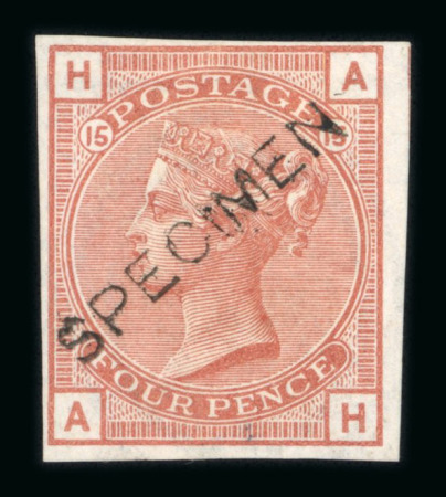 Stamp of Great Britain » 1855-1900 Surface Printed » 1873-80 Large Coloured Corner Letters GB 1873-80 Large Garter group of 4d pl.15 imperforate Colour Trials in pale-mauve, blue-green, pale olive-green, dull green and red-brown