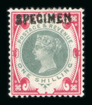 Stamp of Great Britain » 1855-1900 Surface Printed » 1887-1900 Jubilee Issue & 1891 £1 Green 1887-92 Jubilee 1/2d blue-green and 10d dull purple and carmine and 1/- green and carmine (both fine) mint all with "SPECIMEN" type 15