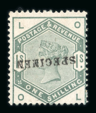 Stamp of Great Britain » 1855-1900 Surface Printed » 1883-84 Lilac & Green Issue 1883-84 1/- dull green with large part o.g. with SPECIMEN