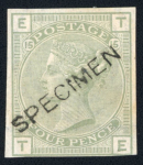 Stamp of Great Britain » 1855-1900 Surface Printed » 1873-80 Large Coloured Corner Letters 1873-80 Large Garter 4d pl.15 Colour Trials imperforate