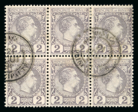 Stamp of Colonies françaises » Monaco 1885, Charles III 2c violet-gris YT n° 2 bloc de six