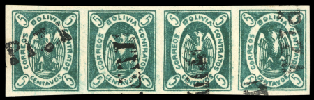 Stamp of Bolivia Bolivia 1867-68 5c green strip of four postally used with TUPIZA handstamps