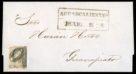 Stamp of Mexico » 1856-61 "Hidalgo" Issues Aguascalientes 2r black on pink on 1864 (Mar 26) entire cancelled by "0" (Shatzkes 12) with boxed "AGUASCALIENTES" datestamp