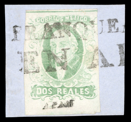 Stamp of Mexico » 1856-61 "Hidalgo" Issues Apam 2r emerald lower marginal tied to small piece by "FRANQUE / EN A" handstamp