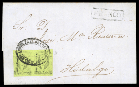 Stamp of Mexico » 1856-61 "Hidalgo" Issues Chihuahua 1r pair tied  to 1863 (Aug 15) entire to Hidalgo by very good strike of the oval "ADMON. PREAL DE CORREOS / DE CHIUAHUA"