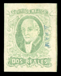 Stamp of Mexico » 1856-61 "Hidalgo" Issues Apam 2r emerald, mint o.g. with large margins all around, showing plate frame line at right, very fine and fresh