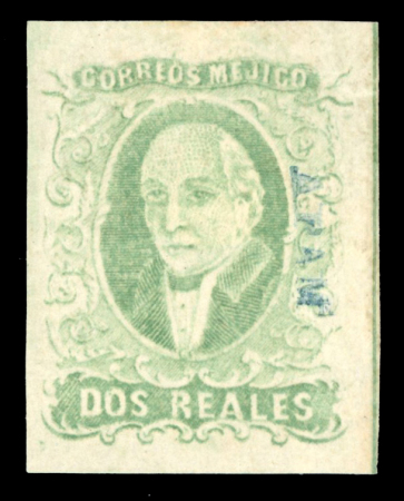 Stamp of Mexico » 1856-61 "Hidalgo" Issues Apam 2r emerald, mint o.g. with large margins all around, showing plate frame line at right, very fine and fresh