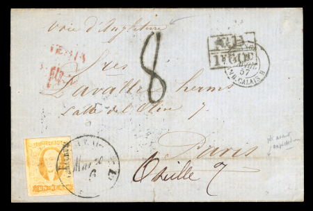 Stamp of Mexico » 1856-61 "Hidalgo" Issues Veracruz 1r on wrapper to France tied by "FRANQUEADO / VERA-CRUZ" cds (Schatzkes 1749), sent via the British Post Office 