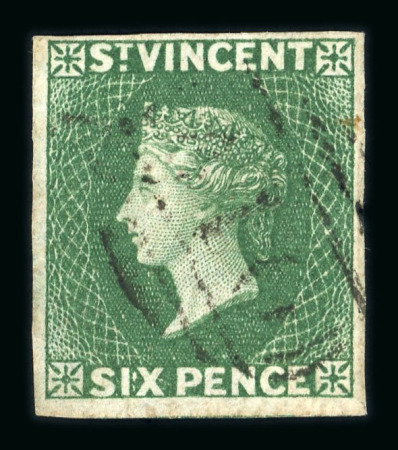 Stamp of St. Vincent St. Vincent 1862 no wmk 6d deep green imperforate variety, neatly used with "A10" barred oval