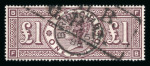 Stamp of Great Britain » 1855-1900 Surface Printed » 1883-84 & 1888 High Values GB 1884 wmk Crowns £1 brown-lilac BF with Birmingham JU 26 88 cds
