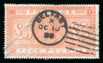 Stamp of Great Britain » 1855-1900 Surface Printed » 1867-83 High Values GB 1867-83 £5 orange AD on white paper with Belfast OC 10 98 cds