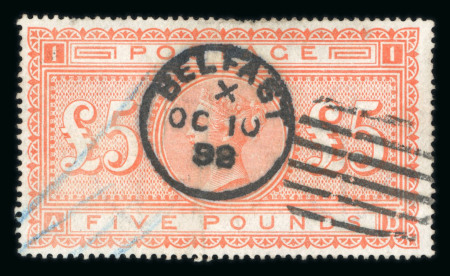 Stamp of Great Britain » 1855-1900 Surface Printed » 1867-83 High Values GB 1867-83 £5 orange AD on white paper with Belfast OC 10 98 cds