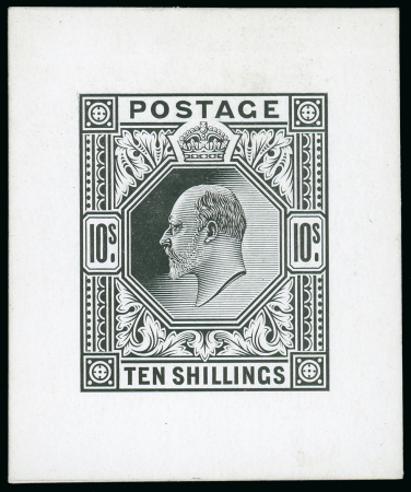 Stamp of Great Britain » King Edward VII » 1902-10 De La Rue Issues 1902 10/- cut down die proof in black on glazed card,