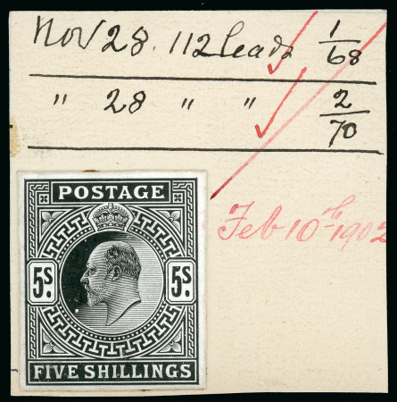 Stamp of Great Britain » King Edward VII » 1902-10 De La Rue Issues 1902 5/- stamp size die proof, in black on glazed card