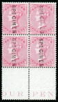 Stamp of Great Britain » 1855-1900 Surface Printed » 1855-57 No Corner Letters 1856 4d. carmine marginal block of four from the foot