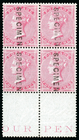 Stamp of Great Britain » 1855-1900 Surface Printed » 1855-57 No Corner Letters 1856 4d. carmine marginal block of four from the foot