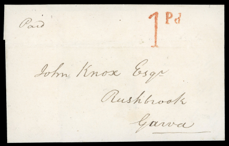 Stamp of Ireland » Pre-Stamp Postal History » Postal Reform Period 1840 (Jul 14) wrapper from Portglenone (Co. Antrim) to Garva with very fine "1 Pd" handstamp