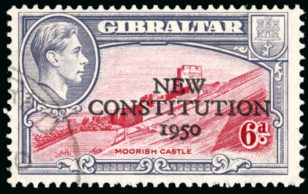 Stamp of Gibraltar 1950 6d. carmine and grey violet, overpinted "New Constitution"