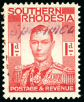 Stamp of Southern Rhodesia KGVI ½d and 1d singles ex booklets, handstamped Specimen