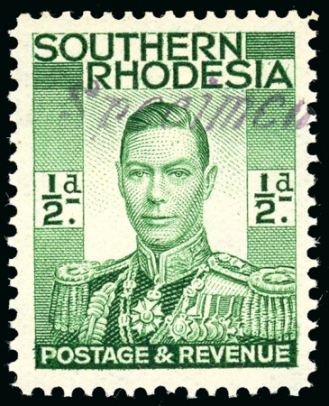 Stamp of Southern Rhodesia KGVI ½d and 1d singles ex booklets, handstamped Specimen