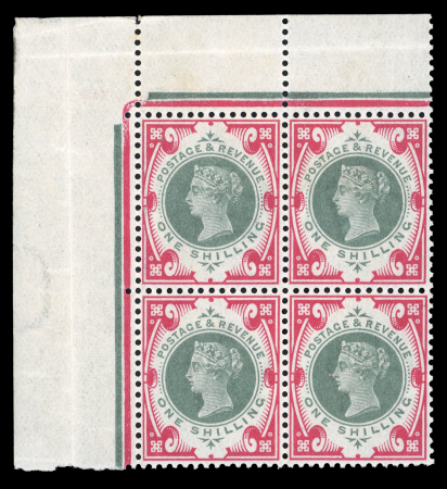 Stamp of Great Britain » 1855-1900 Surface Printed » 1887-1900 Jubilee Issue & 1891 £1 Green GB 1900 1s green & carmine mint n.h. top left corner marginal block of four showing the "D" paper watermark in the left margin
