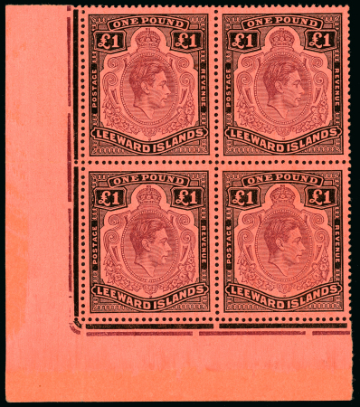 Stamp of Leeward Islands 1944 £1 brown-purple and black on salmon paper block