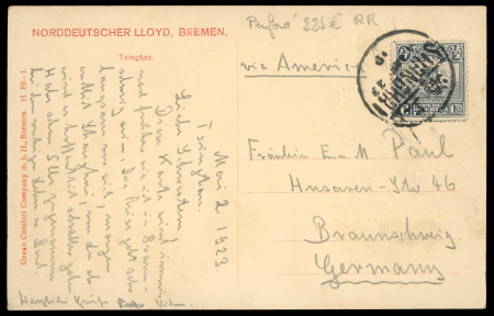 Stamp of China » Chinese Empire (1878-1949) » Chinese Republic 1923 (May 2) real photo picture postcard from Shanghai to Germany with 6c Junk issue with "HS" perfin (inverted) for Hugo Stinnes