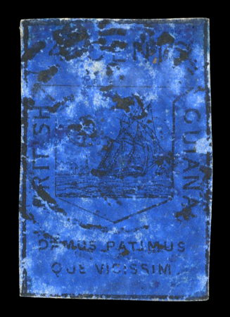Stamp of British Guiana British Guiana 1852 Waterlow 4c black on deep blue with Demerara cds, surface abrasions and creasing as often seen