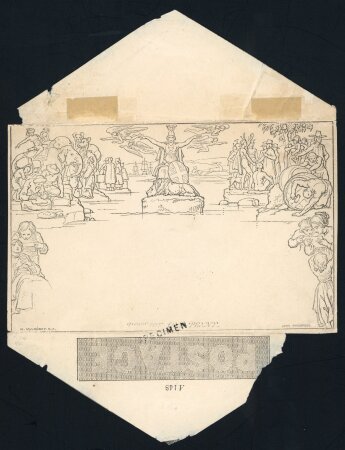 Stamp of Great Britain » 1840 Mulreadys & Caricatures GB 1840 1d Mulready envelope, stereo A148, with type 2 "SPECIMEN" handstamp over "ONE PENNY"