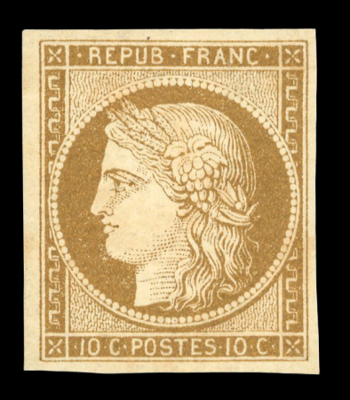 Stamp of France » Type Cérès de 1849-1850 1849, n°1 Cérès 10c bistre-jaune neuf sans charnière