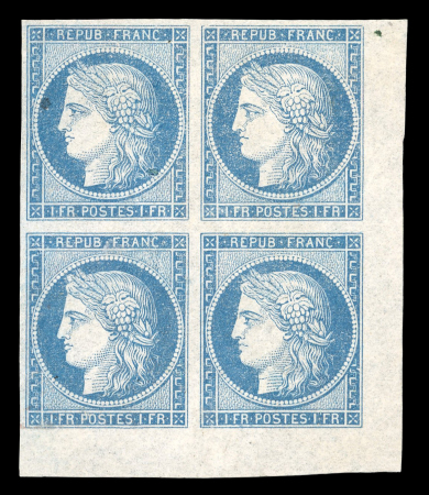 Stamp of France » Type Cérès de 1849-1850 1849, rare essai 1FR Cérès en bleu coin de feuille