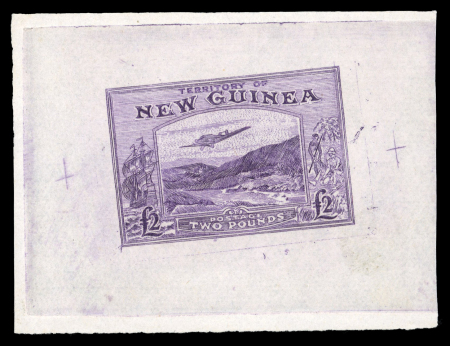 Stamp of New Guinea New Guinea 1935 Airplane £2 violet used, together with the famous Oneglia forgery on white paper in the form of a die proof.