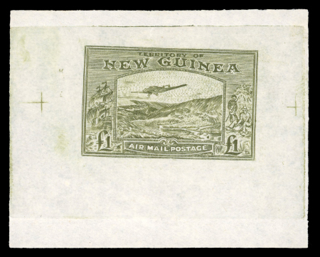 Stamp of New Guinea New Guinea 1939 Airplane £1 olive, the famous Oneglia forgery on white paper in the form of a die proof.