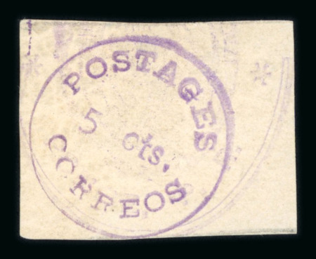 Stamp of United States » U.S. Possessions » Puerto Rico (US) » Local Issues Ponce Provisional. 1898, 5c violet, "POSTAGES/5 cts./CORREOS" handstamp on cut square yellowish paper