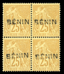 Stamp of Colonies françaises » Bénin 1892, 25c jaune-bistre YT n° 8A en bloc de quatre neufs,