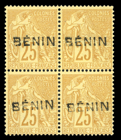 Stamp of Colonies françaises » Bénin 1892, 25c jaune-bistre YT n° 8A en bloc de quatre neufs,